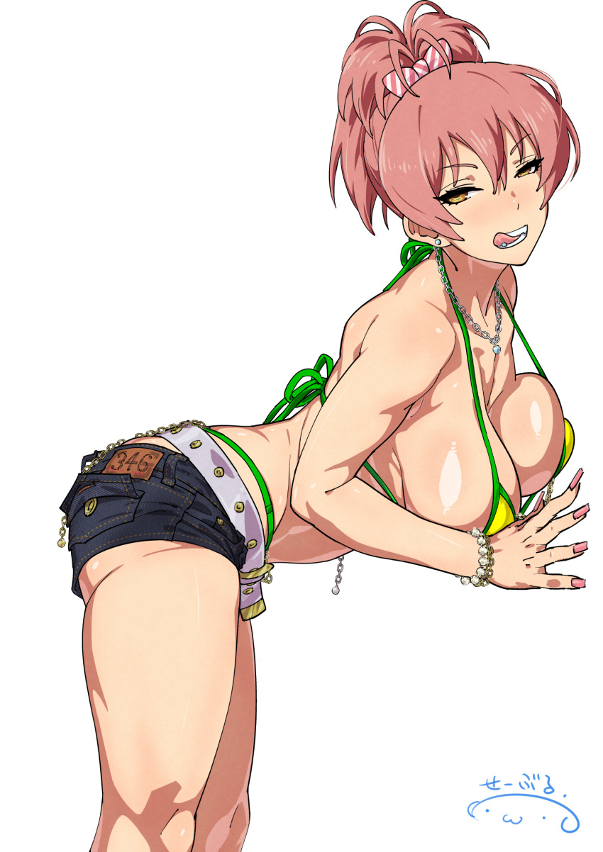 1girl :q ass bare_shoulders belt bent_over bikini blush breasts earrings half-closed_eyes highres idolmaster idolmaster_cinderella_girls jewelry jougasaki_mika large_breasts looking_at_viewer navel_piercing necklace piercing pink_hair pink_nails ponytail revision short_shorts shorts simple_background smile solo suna_(sandworks) swimsuit teeth tongue tongue_out tongue_piercing underbutt white_background yellow_bikini yellow_eyes