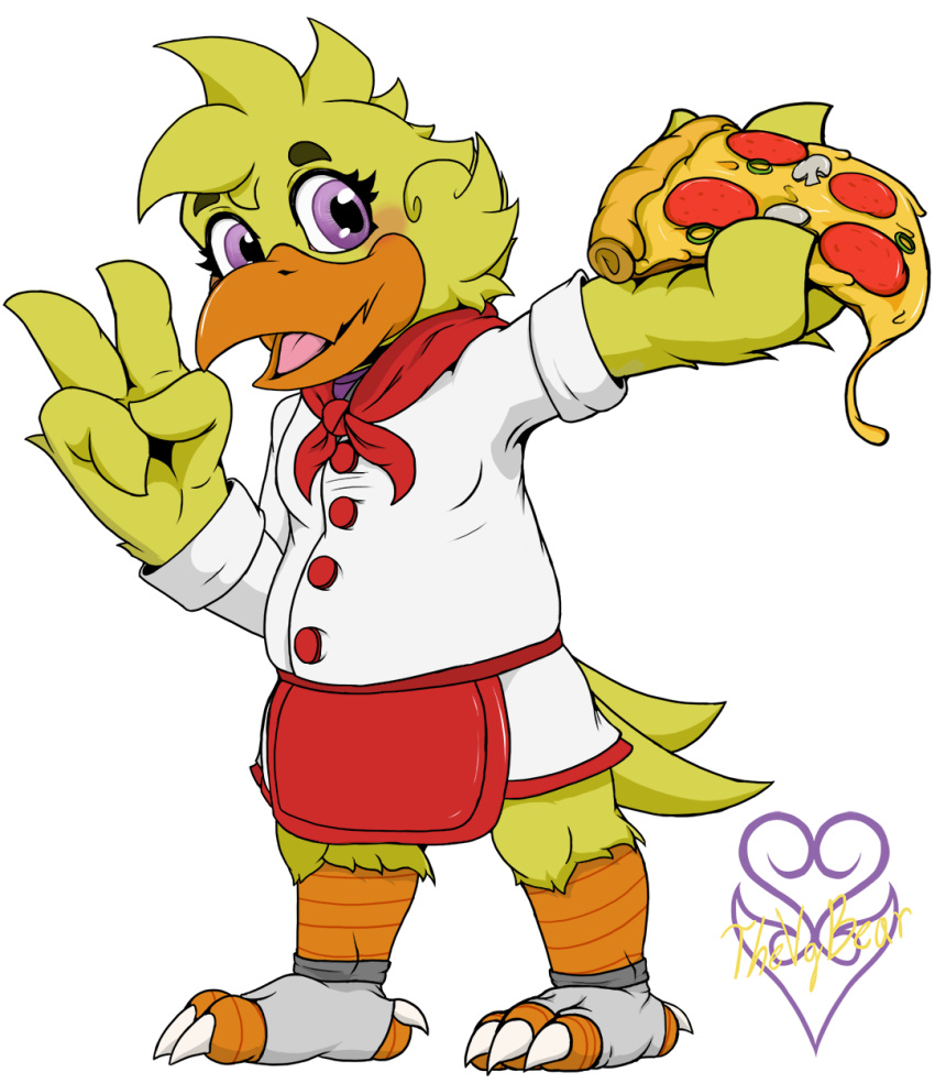 avian beak bird blush chef_uniform chibi chica_(fnaf) chicken claws feathers five_nights_at_freddy's food galliform gallus_(genus) hi_res phasianid pizza purple_eyes scottgames thevgbear video_games yellow_body yellow_feathers