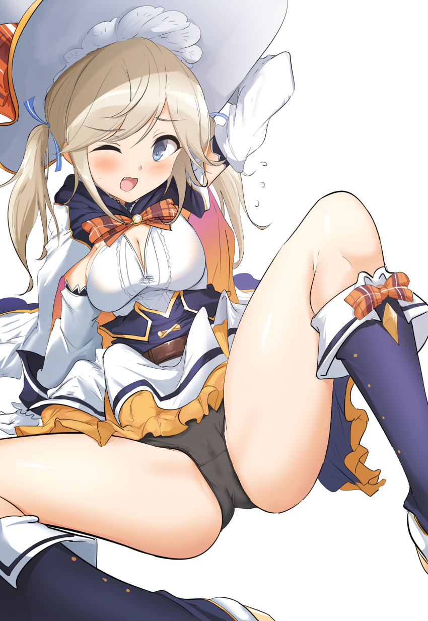 1girl absurdres arm_behind_head arm_up bangs black_footwear black_panties blue_eyes blue_footwear blush boots bow breasts cleavage commentary crotch_seam cucouroux_(granblue_fantasy) detached_sleeves fallen_down fang footwear_bow gloves granblue_fantasy hat highres knee_boots knee_up leaning_back light_brown_hair long_hair long_sleeves looking_at_viewer medium_breasts momio one_eye_closed open_mouth panties shirt simple_background sitting skirt solo spread_legs sweat twintails underwear white_background white_gloves white_headwear white_shirt white_skirt white_sleeves witch_hat