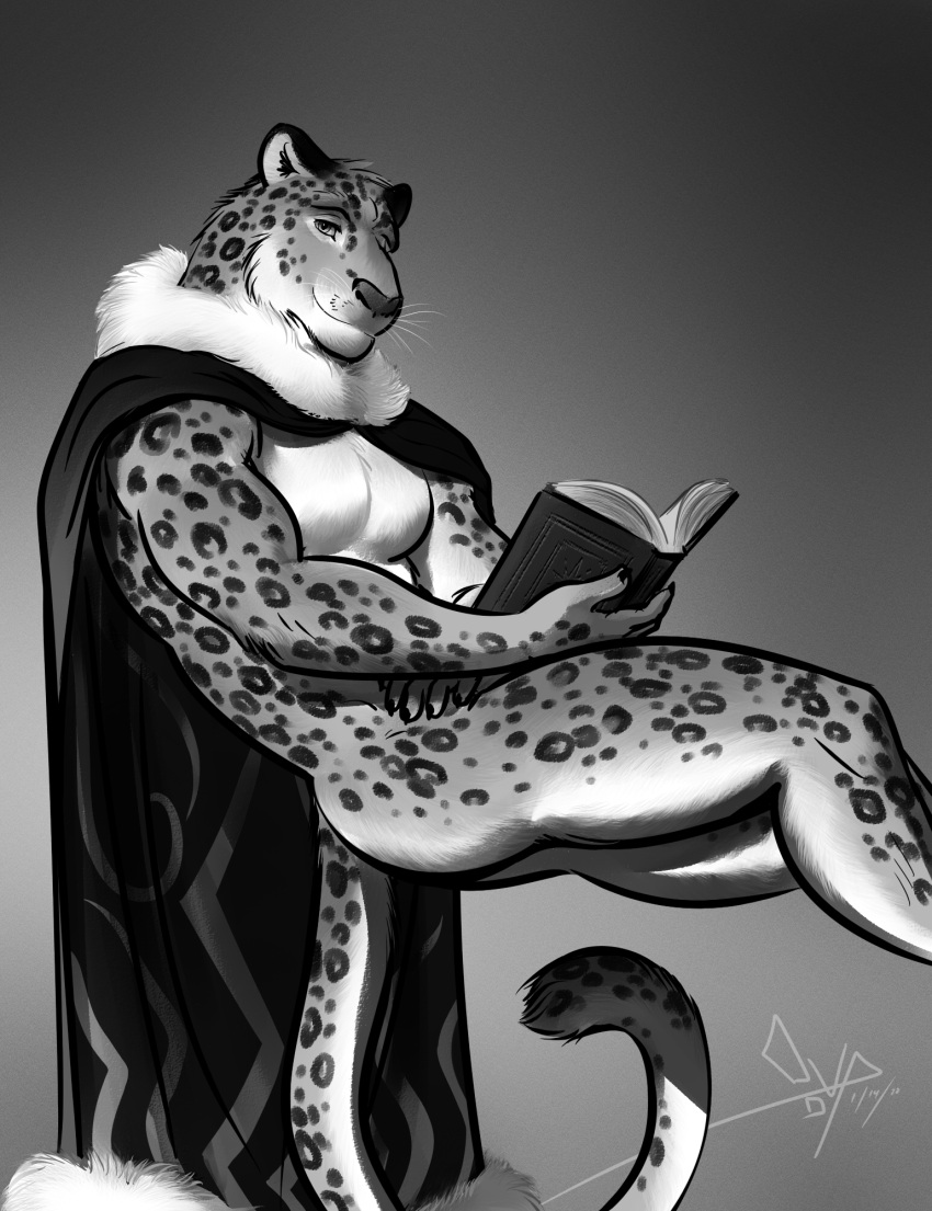 anthro bgn book cape clothing felid floating fluffy_collar hi_res lurid magic_user male mammal monochrome nej_plumen nude pantherine snow_leopard solo