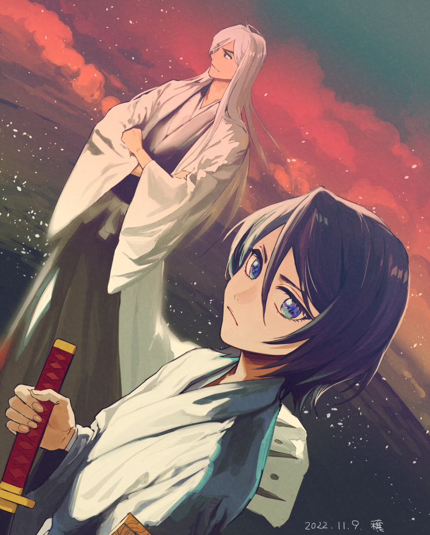 1boy 1girl absurdres bangs black_hair black_kimono bleach blue_eyes blue_sky cloud cloudy_sky commentary_request dated grey_hair hair_between_eyes highres holding holding_sword holding_weapon japanese_clothes jou_(jo_jjo) katana kimono kuchiki_rukia long_hair long_sleeves looking_at_viewer looking_away open_clothes outdoors parted_bangs sheath sheathed sky sunset sword ukitake_juushirou very_long_hair weapon wide_sleeves