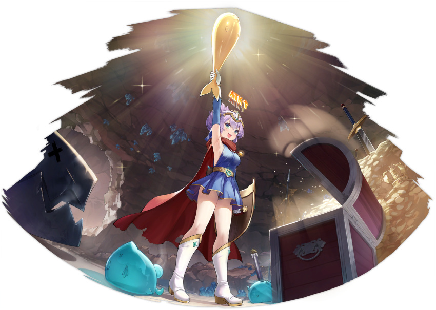 &gt;_&lt; 1girl :d animal arm_up armpits azur_lane azur_lane:_slow_ahead blue_dress boots detached_sleeves dress fish green_eyes highres holding holding_animal holding_fish holding_shield holding_sword holding_weapon javelin_(a_legend_is_born?!)_(azur_lane) javelin_(azur_lane) kaede_(yumesaki_kaede) knee_boots manjuu_(azur_lane) medium_hair official_alternate_costume official_art open_mouth panties pantyshot purple_hair shield short_dress slime_(creature) smile solo sword torpedo treasure_chest underwear weapon white_footwear wide_ponytail xd