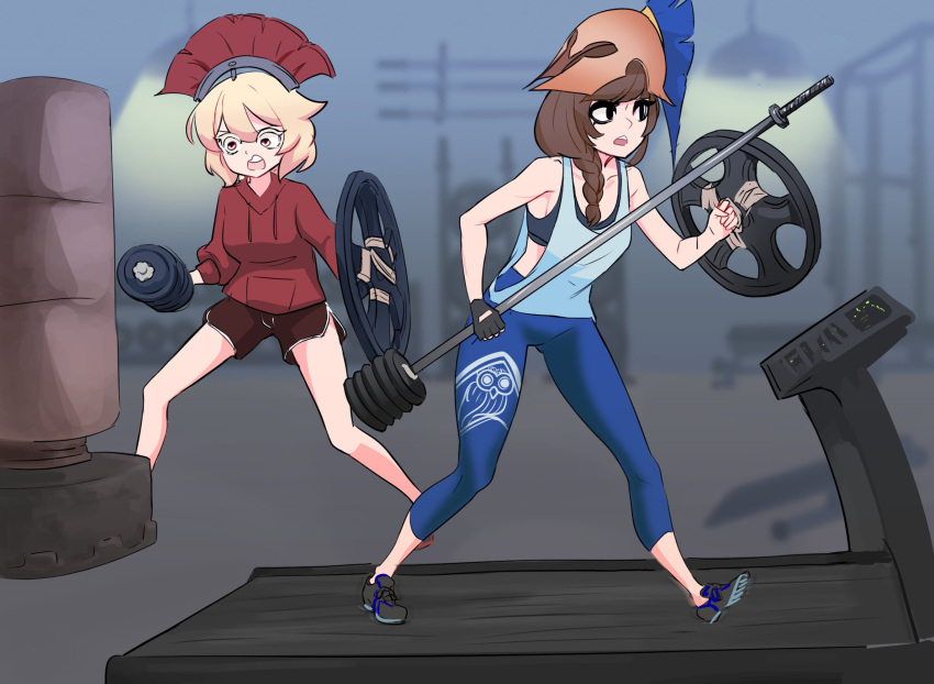 2girls bangs bare_shoulders black_gloves blonde_hair blue_leggings blue_pants braid breasts brown_hair centurii-chan centurii-chan_(artist) collarbone contemporary dumbbell english_commentary exercise fingerless_gloves full_body gloves gym headdress helmet highres hood hoodie hoplite hoplite_(centurii-chan) indoors leggings legionnaire long_hair medium_hair multiple_girls open_mouth original owl_print pants print_legwear red_hoodie red_pants red_shorts scene_reference shoes short_shorts shorts sneakers sports_bra sportswear toned treadmill weightlifting