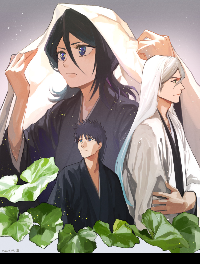 1girl 2boys absurdres arm_up black_hair black_kimono bleach blue_eyes blue_hair commentary gradient_hair grey_hair hand_up highres japanese_clothes jou_(jo_jjo) kimono kuchiki_rukia long_hair long_sleeves multicolored_hair multiple_boys purple_hair shiba_kaien two-tone_hair ukitake_juushirou upper_body very_long_hair white_kimono wide_sleeves