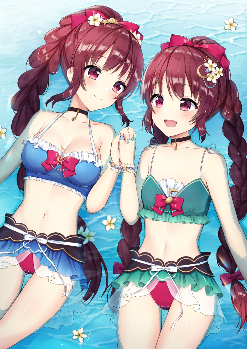 2girls :d absurdres amane_tsukasa amane_tsukasa_(swimsuit_ver.) amane_tsukuyo amane_tsukuyo_(swimsuit_ver.) aqua_bikini bangs bikini bikini_skirt black_choker blue_background blue_bikini blue_nails blush bow braid braided_ponytail brown_hair choker closed_mouth coral_hair_ornament cowboy_shot crescent crescent_hair_ornament dot_nose eighth_note flower frilled_bikini frilled_cuffs frills hair_bow hair_flower hair_ornament halterneck highres holding_hands long_hair looking_at_another magia_record:_mahou_shoujo_madoka_magica_gaiden mahou_shoujo_madoka_magica matching_outfit mochiko_(uyu_omochi) multiple_girls musical_note navel official_alternate_costume open_mouth pendant_choker red_bow red_eyes ribbon shell_hair_ornament siblings sidelocks single_braid single_wrist_cuff sisters smile spaghetti_strap starfish_hair_ornament swept_bangs swimsuit thigh_gap treble_clef twin_braids twins very_long_hair waves white_ribbon wrist_cuffs yellow_flower