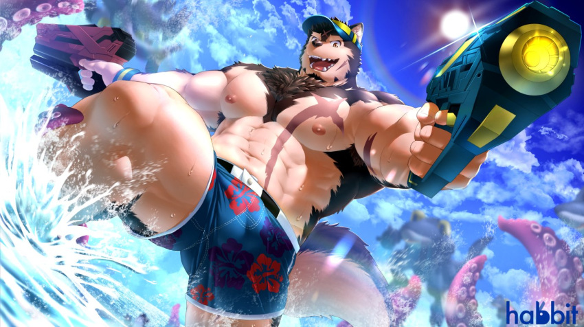 1boy abs alternate_costume another_eidos-r bara billford_(another_eidos) bulge cloud cloudy_sky dog_boy fangs feet_out_of_frame fighting_stance furry furry_male gammachaos gun holding holding_gun holding_weapon large_pectorals logo looking_at_viewer male_focus male_swimwear manly mature_male muscular muscular_male nipples official_alternate_costume official_art open_mouth outdoors pectorals scar sky solo sun sunlight teeth tentacles thick_arms thick_eyebrows thick_thighs thighs tongue visor_cap water weapon yellow_eyes