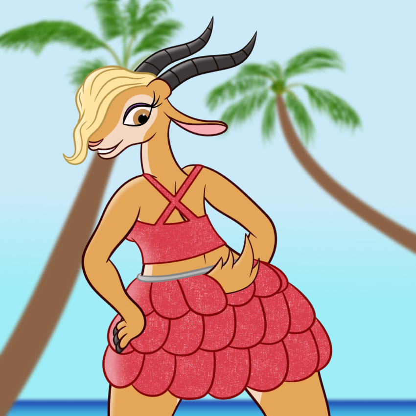 antelope anthro bovid clothing disney female gazelle gazelle_(zootopia) hi_res mammal palm_tree plant sharkinwaves solo tree zootopia