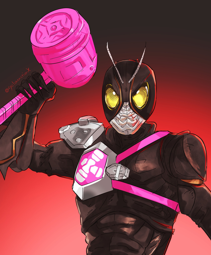 1boy absurdres armor black_armor black_background black_bodysuit bodysuit bug company_connection cycloneactionx gradient gradient_background grasshopper hammer highres holding holding_weapon kamen_rider kamen_rider_black kamen_rider_black_(series) kamen_rider_black_sun kamen_rider_black_sun_(character) kamen_rider_geats_(series) looking_at_viewer male_focus raise_hammer red_background single_shoulder_pad twitter_username two-tone_background upper_body weapon