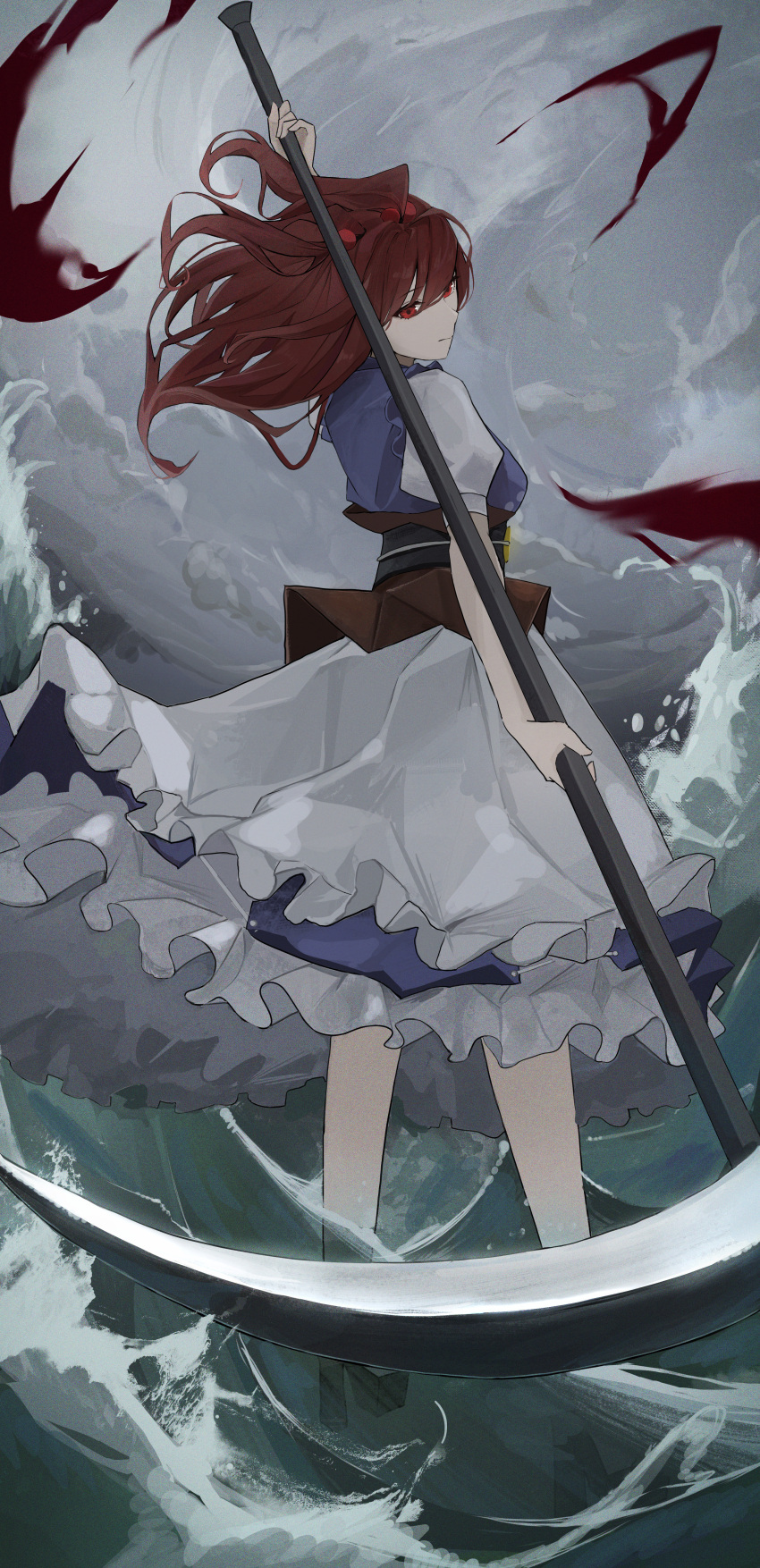 1girl absurdres black_sash blue_dress brown_sash closed_mouth coin coin_on_string dress hair_bobbles hair_ornament highres holding holding_scythe medium_hair onozuka_komachi palulap puffy_short_sleeves puffy_sleeves red_eyes red_hair sash scythe short_sleeves solo touhou two_side_up water