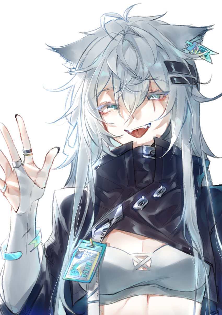 1girl :p absurdres animal_ear_fluff arknights black_nails bracelet breasts bridal_gauntlets cleavage crop_top fangs fingernails grey_hair high_collar highres id_card jewelry lappland_(arknights) long_fingernails long_hair looking_at_viewer motuwangchuan nail_polish photoshop_(medium) ring scar scar_across_eye scar_on_face shrug_(clothing) simple_background sol teeth tongue tongue_out upper_body upper_teeth very_long_hair waving white_background