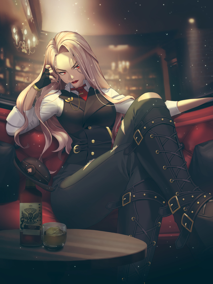 1girl absurdres alcohol ashe_(overwatch) black_footwear black_gloves black_nails black_pants black_vest boots closed_mouth crossed_legs cup drinking_glass fingerless_gloves gloves highres light_brown_hair light_smile long_hair necktie overwatch pants red_eyes red_lips red_necktie shirt sitting sleeves_rolled_up torn_clothes torn_pants vest whiskey white_shirt yoonsun_lee
