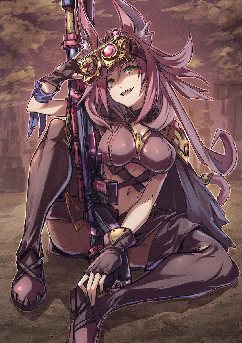 1girl animal_ears armband boots breasts cat_ears cat_tail cleavage fingerless_gloves gloves gun highres large_breasts long_hair navel pink_hair rifle shouma_(bravespiritya) sitting smile sniper_rifle stomach tail thigh_boots tri-brigade_ferrijit_the_barren_blossom weapon yellow_eyes yu-gi-oh!