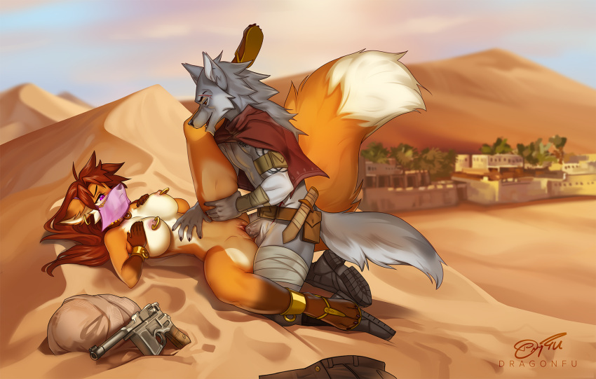 2022 4_toes 5_fingers anthro anthro_on_anthro anthro_penetrated anthro_penetrating anthro_penetrating_anthro areola arm_wraps balls black_nose boots breasts brown_hair canid canine canis claws clothed clothing cuff_(restraint) day desert detailed_background digital_media_(artwork) dragonfu duo ear_piercing ear_ring eyebrows eyelashes fangs feet female female_penetrated finger_claws fingers footwear fox fur genitals gloves_(marking) grey_body grey_fur gun hair handgun hi_res hindpaw hoop_ear_ring humanoid_hands leg_markings leg_wraps lying male male/female male_penetrating male_penetrating_female mammal markings mostly_nude multicolored_body multicolored_fur nipple_piercing nipple_ring nipples nude on_back on_ground on_sand open_mouth open_smile orange_body orange_fur outside outside_sex paws penetration penile penile_penetration penis penis_in_pussy piercing pistol purple_eyes pussy raised_leg ranged_weapon red_hair restraints ricochetcoyote ring_piercing sand sandals sex shackles signature sky smile socks_(marking) spread_legs spreading story story_in_description tamara_fox toe_claws toes two_tone_body two_tone_fur ulysses_jackson vaginal vaginal_penetration veil weapon white_body white_fur wolf wraps