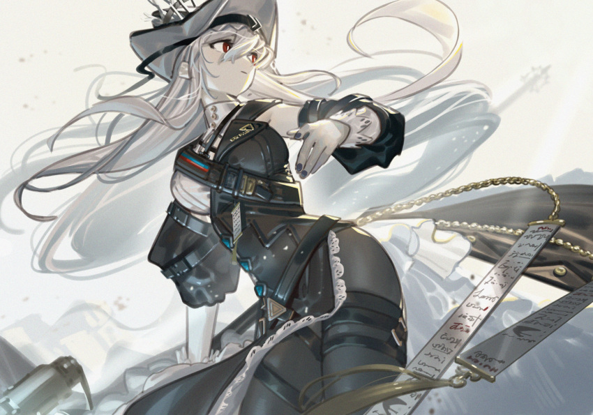 1girl arknights bangs bare_shoulders black_dress black_nails black_pantyhose breasts chain closed_mouth detached_sleeves dress gold_chain grey_hair hair_between_eyes holding holding_weapon lanzi_(415460661) large_breasts long_hair long_sleeves looking_back nail_polish pantyhose pelvic_curtain red_eyes sex sex_from_behind simple_background solo specter_(arknights) specter_the_unchained_(arknights) thigh_strap two-tone_dress very_long_hair weapon white_background white_dress white_headwear