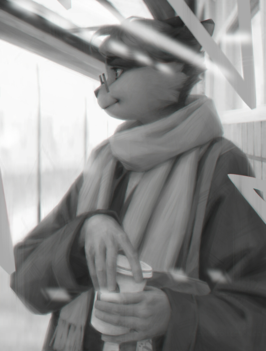 anthro bus_stop clothing coat coffee_cup container cup domestic_cat felid feline felis hi_res male mammal scarf solo starpaw_(breadyslab) terry_grimm topwear