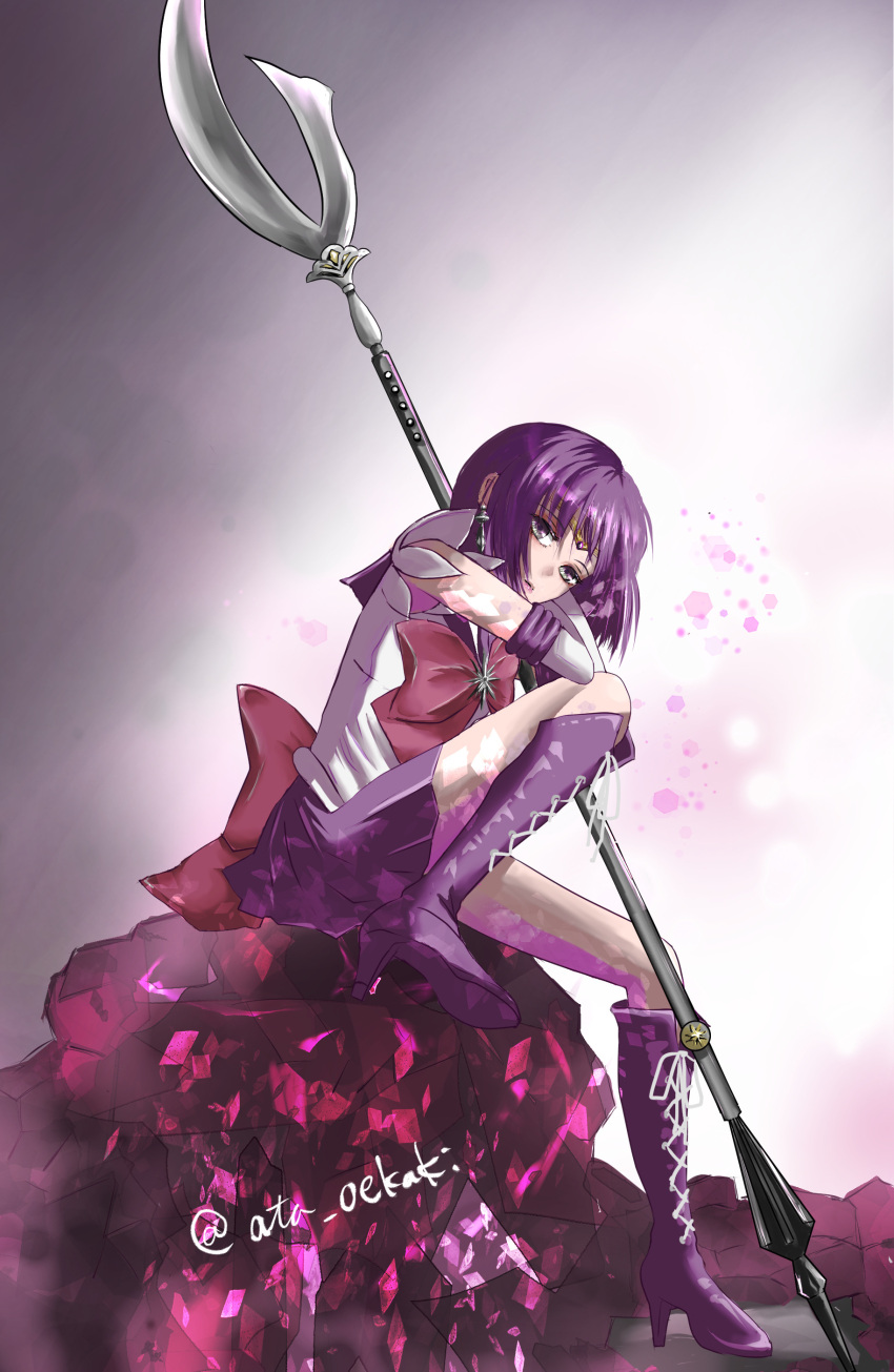 1girl absurdres ata129 back_bow bishoujo_senshi_sailor_moon boots bow brooch cane choker earrings elbow_gloves gloves high_heels highres holding jewelry purple_eyes purple_footwear purple_hair purple_sailor_collar purple_skirt sailor_collar sailor_saturn sailor_senshi_uniform short_hair sitting skirt solo star_(symbol) star_brooch star_choker tomoe_hotaru white_gloves