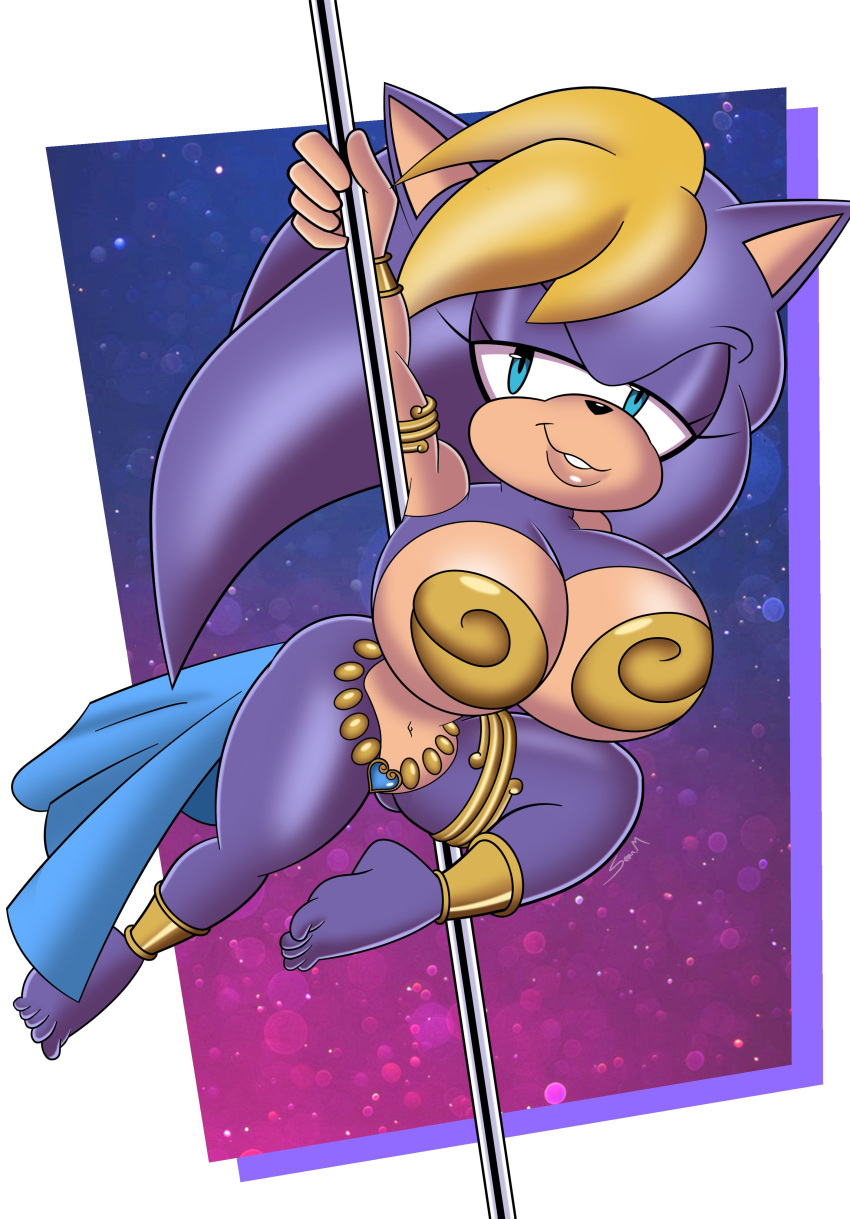 absurd_res anthro archie_comics armlet bernadette_hedgehog big_breasts blonde_hair breasts clothing costume dancing eulipotyphlan female hair harem_outfit hedgehog hi_res huge_breasts lips mammal mature_female mobian_monster pole pole_dancing purple_body sega slave_outfit solo sonic_the_hedgehog_(archie) sonic_the_hedgehog_(comics) sonic_the_hedgehog_(series) thick_lips