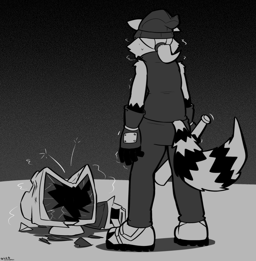 2022 absurd_res anthro baseball_bat bat_(object) beanie bottomwear breath clothed clothing computer felino fingerless_gloves fully_clothed fur gloves gloves_(marking) greyscale hair handwear hat headgear headwear hi_res holding_bat male mammal markings monitor monochrome motion_lines pants ponytail procyonid raccoon rear_view running_shoes shaking solo striped_body striped_fur striped_markings striped_tail stripes tail_markings topwear trembling trick_(tricktrashing) vest