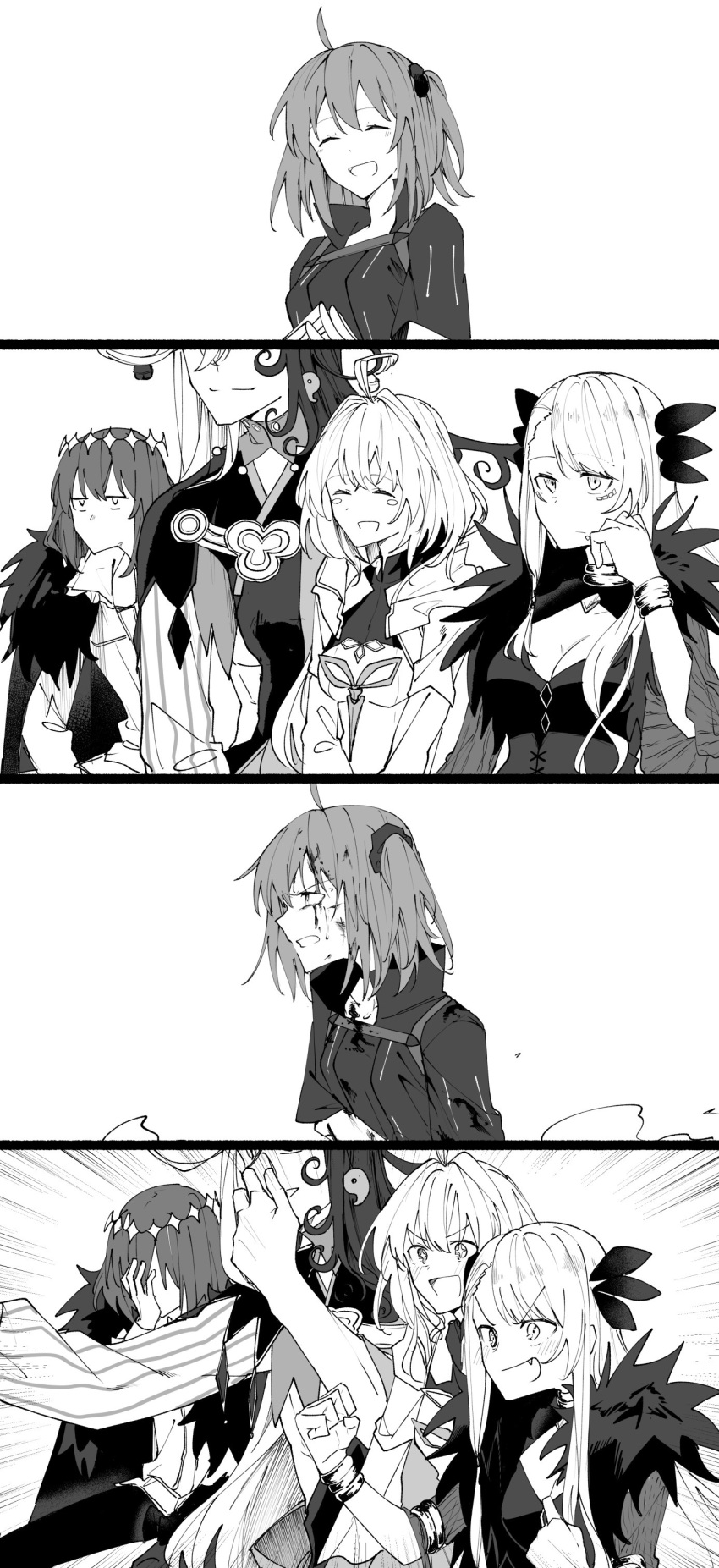 +_+ 2boys 3girls absurdres ahoge ashiya_douman_(fate) blood blush_stickers bracelet breasts cheek_rest cleavage facepalm facial_mark fang fate/grand_order fate_(series) fujimaru_ritsuka_(female) gaijin_4koma_(meme) greyscale highres injury jewelry long_hair magatama meme merlin_(fate/prototype) monochrome multiple_boys multiple_girls oberon_(third_ascension)_(fate) side_ponytail somori vritra_(fate)