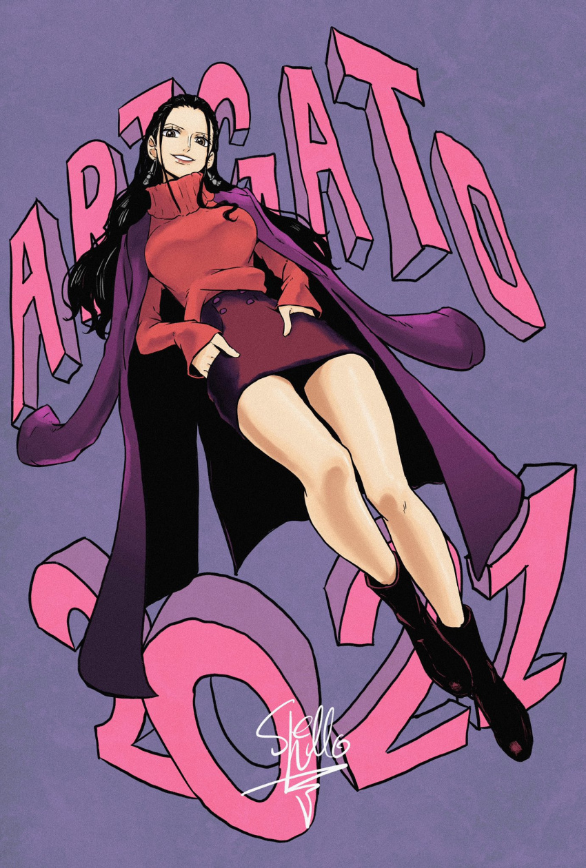 1girl 2021 artist_name black_hair boots brown_eyes commentary_request earrings english_text eyelashes happy highres jewelry long_hair looking_at_viewer nico_robin one_piece purple_background red_sweater sherumaru_(korcht06) signature simple_background smile solo sweater thank_you