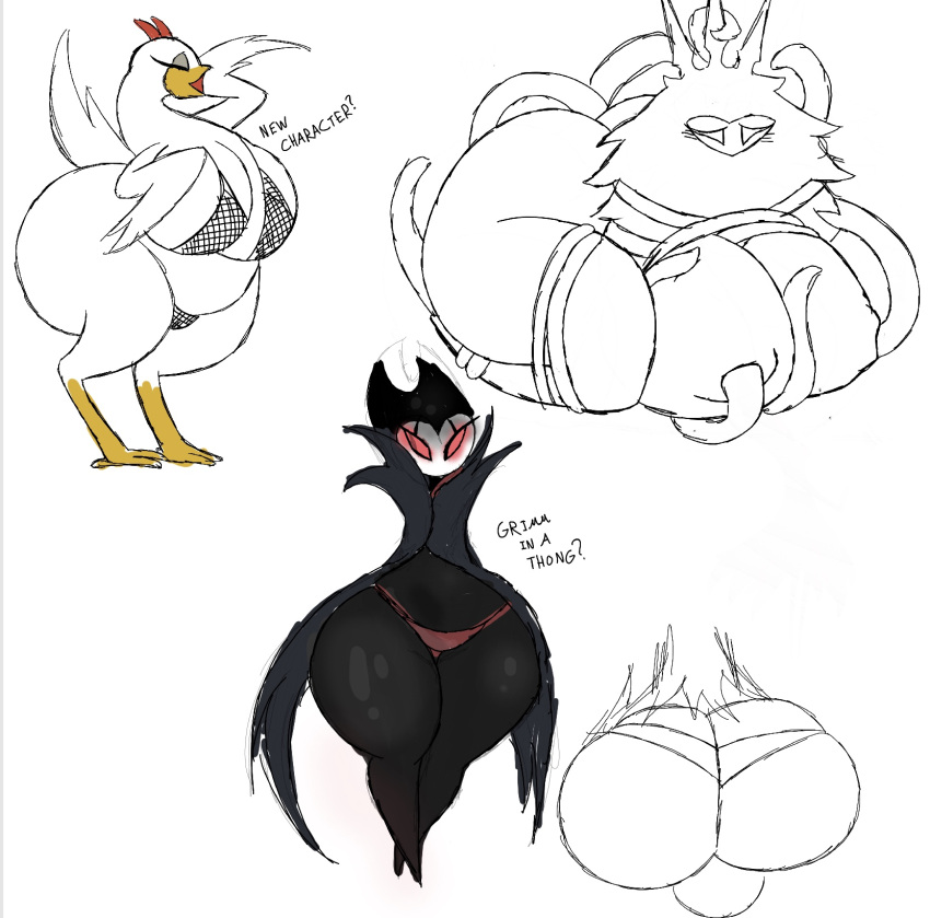 anthro anthro_only arthropod avian bird butt chicken clothing female galliform gallus_(genus) grimm_(hollow_knight) hi_res hollow_knight insect lepidopteran male moth phasianid plapjax radiance_(hollow_knight) sketch_page team_cherry thick_thighs thong underwear video_games