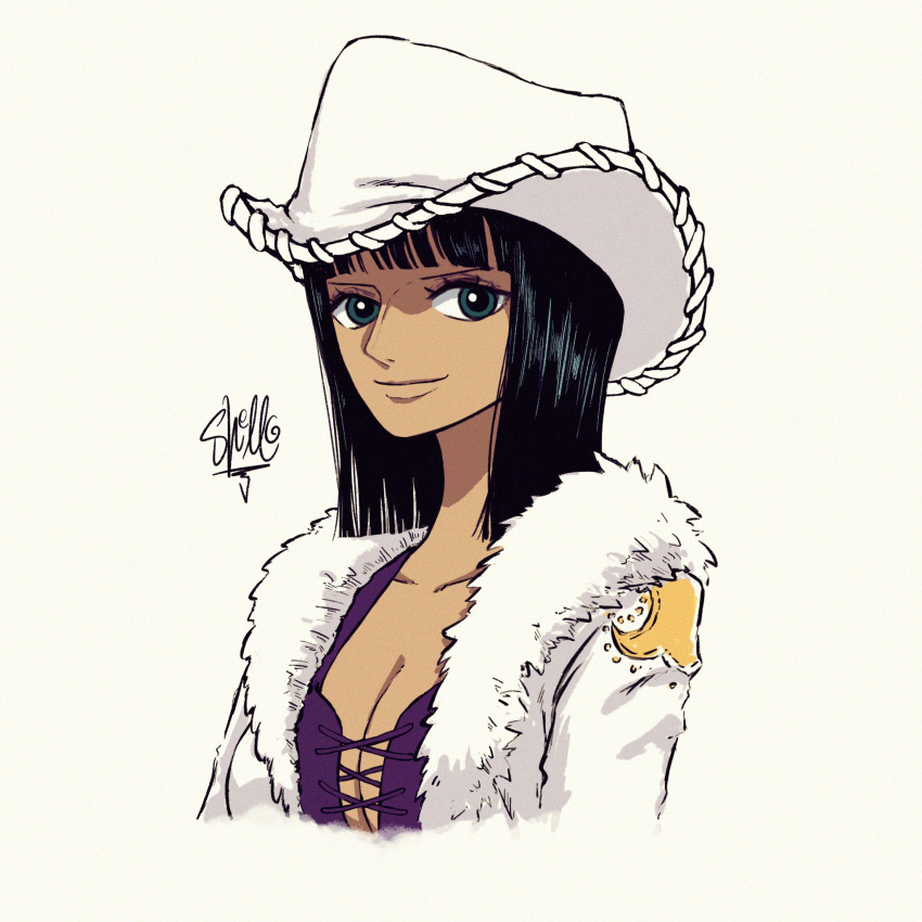 1girl artist_name black_hair blue_eyes breasts cleavage commentary cowboy_hat english_commentary eyelashes fur fur-trimmed_jacket fur_trim happy hat highres jacket long_hair looking_at_viewer nico_robin one_piece sherumaru_(korcht06) signature simple_background smile solo white_jacket