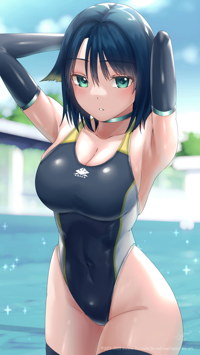 1girl awono_nanaumi black_one-piece_swimsuit black_thighhighs blue_hair breasts commentary_request competition_swimsuit cowboy_shot elbow_gloves fukami_nana gloves green_eyes hair_flaps highres large_breasts looking_at_viewer multicolored_clothes multicolored_swimsuit one-piece_swimsuit original solo swimsuit thighhighs