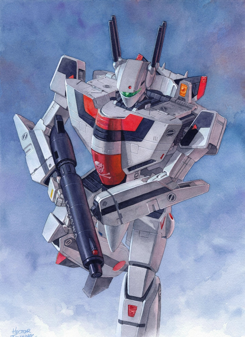 assault_visor choujikuu_yousai_macross energy_cannon english_commentary gun gunpod hector_trunnec highres holding holding_gun holding_weapon jolly_roger lights looking_down macross mecha no_humans painting_(medium) realistic robot robotech scan science_fiction solo traditional_media u.n._spacy variable_fighter vf-1 vf-1s watercolor_(medium) weapon