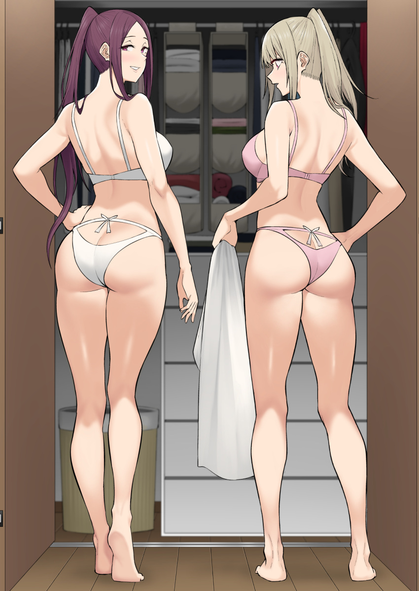 2girls ass bangs barefoot bra closet clothes gyaru high_ponytail highres imaizumin-chi_wa_douyara_gal_no_tamariba_ni_natteru_rashii kurumizaka_ruri legs multiple_girls nori_gorou ponytail purple_eyes purple_hair sasaki_yukina smile soles underwear