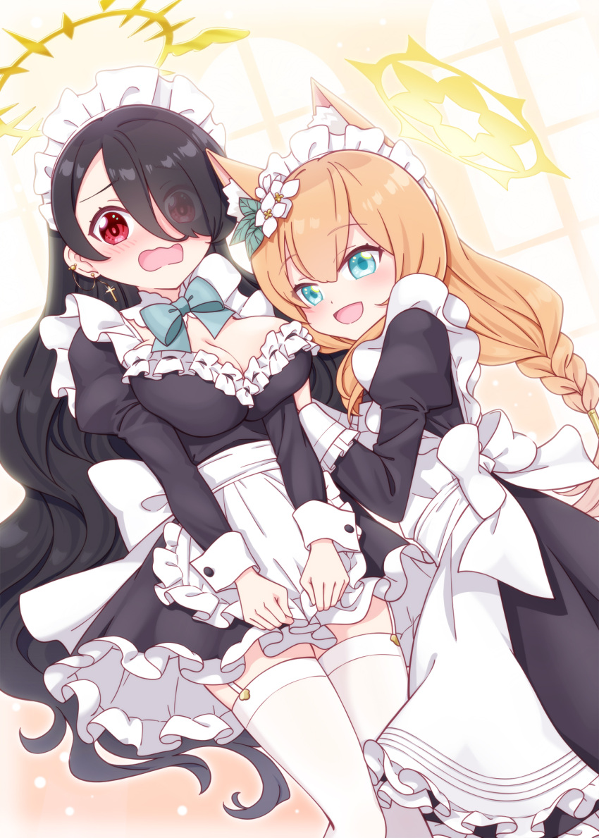 2girls :d alternate_costume apron bangs black_dress black_hair blue_archive blue_eyes blush braid breasts brown_hair cleavage commentary_request cross cross_earrings dress earrings enmaided eyes_visible_through_hair frilled_apron frilled_dress frills hair_between_eyes hair_over_one_eye halo harada_(sansei_rain) highres hinata_(blue_archive) jewelry juliet_sleeves large_breasts latin_cross long_hair long_sleeves maid maid_apron maid_headdress mari_(blue_archive) multiple_girls nose_blush open_mouth puffy_sleeves red_eyes ribbon-trimmed_dress smile thighhighs very_long_hair waist_apron wavy_mouth white_apron white_thighhighs window
