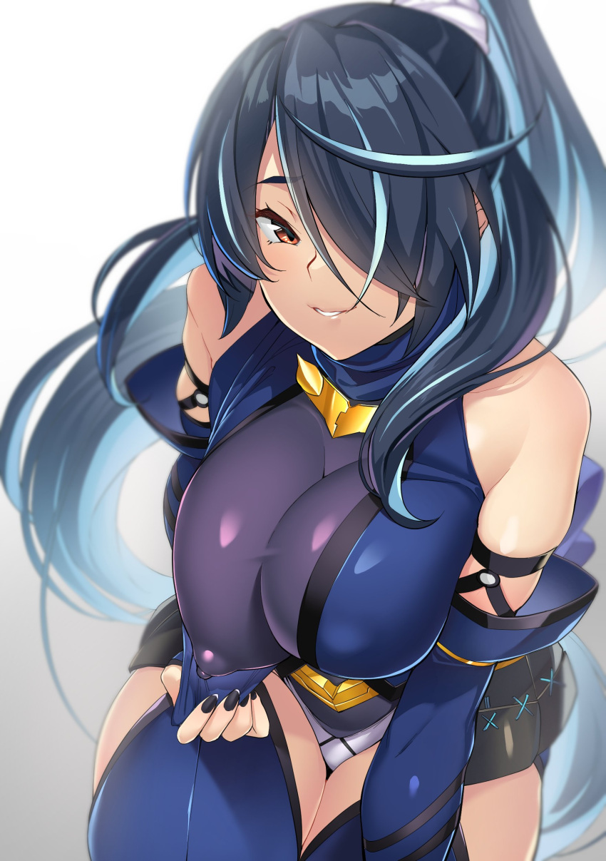 1girl absurdres alicesoft bare_shoulders black_nails breasts clothes_pull covered_nipples detached_sleeves escalation_heroines gin_(ginshari) hair_over_one_eye highres large_breasts mutsuka_(escalation_heroines) ninja orange_eyes ponytail simple_background smile white_background