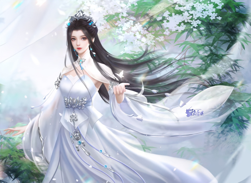 1girl absurdres black_hair bug butterfly chinese_clothes closed_mouth curtains dress earrings falling_petals glowing_butterfly hair_bun hair_ornament highres jewelry leaf light_rays long_hair looking_at_viewer lu_xueqi_(zhu_xian) petals rainbow_order sash second-party_source solo upper_body white_dress zhu_xian zhu_zai_bamboos
