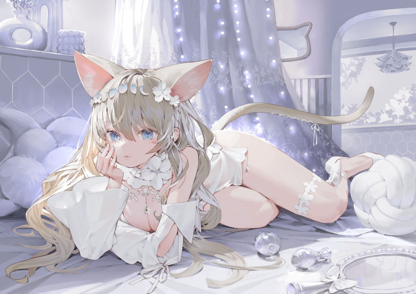 1girl :3 animal_ears ankle_ribbon arm_support bangs barefoot bed blonde_hair blue_eyes breasts canopy_bed cat_ears cat_girl cat_tail closed_mouth detached_sleeves diamond-shaped_pupils diamond_(shape) flower hair_flower hair_ornament hair_ribbon hand_mirror kitada_mo large_breasts leg_ribbon long_hair looking_at_viewer lying mirror nail_polish on_bed on_stomach original ribbon sidelocks silver_nails smile solo symbol-shaped_pupils tail tail_ornament tail_ribbon thighs wavy_hair white_ribbon