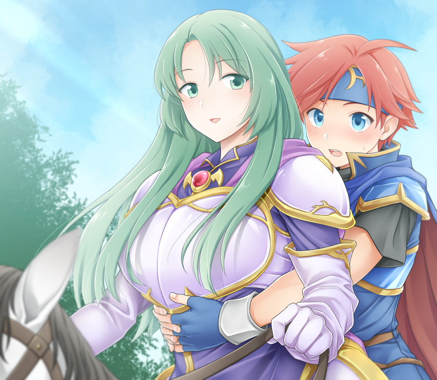 1boy 1girl age_difference animal armor armored_dress arms_around_neck blue_cape blue_eyes blue_gloves blue_headband blue_sky blush breastplate cape cecilia_(fire_emblem) commentary_request day dress elbow_gloves fingerless_gloves fire_emblem fire_emblem:_the_binding_blade gloves gold_trim green_eyes green_hair ham_pon headband highres horse horseback_riding long_hair looking_at_another outdoors purple_dress red_cape red_hair riding roy_(fire_emblem) short_hair short_sleeves shoulder_armor sitting sky sweatdrop tree two-tone_cape white_gloves