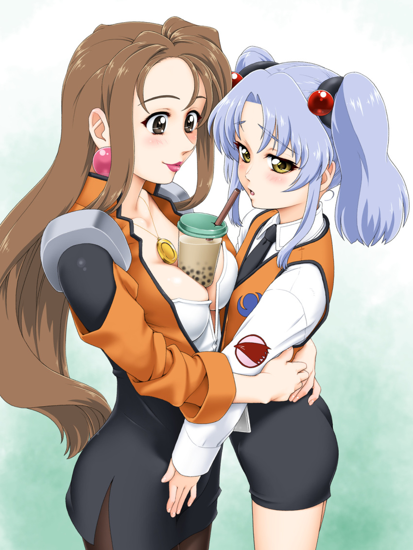 2girls black_necktie black_pantyhose black_skirt blue_background blue_hair blush breasts brown_eyes brown_hair bubble_tea cleavage closed_mouth detached_sleeves earrings fuji_shinobu gradient gradient_background hair_bobbles hair_ornament haruka_minato highres hoshino_ruri hug jewelry kidou_senkan_nadesico lips lipstick long_hair makeup multiple_girls necklace necktie orange_vest pantyhose parted_lips red_lips shirt simple_background skirt twintails very_long_hair vest white_background white_shirt yellow_eyes