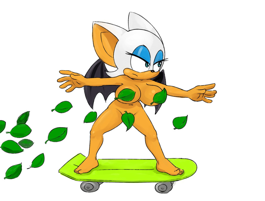 anthro big_breasts breasts chiropteran convenient_censorship eyelashes eyeshadow feet female hair half-closed_eyes hi_res humanoid_feet humanoid_hands leaf looking_at_viewer makeup mammal mario-grant narrowed_eyes nude open_mouth open_smile parody rouge_the_bat scene_parody sega simple_background skateboard skateboarding smile solo sonic_the_hedgehog_(series) spread_arms tan_body tan_inner_ear teal_eyes the_simpsons white_background white_body white_hair