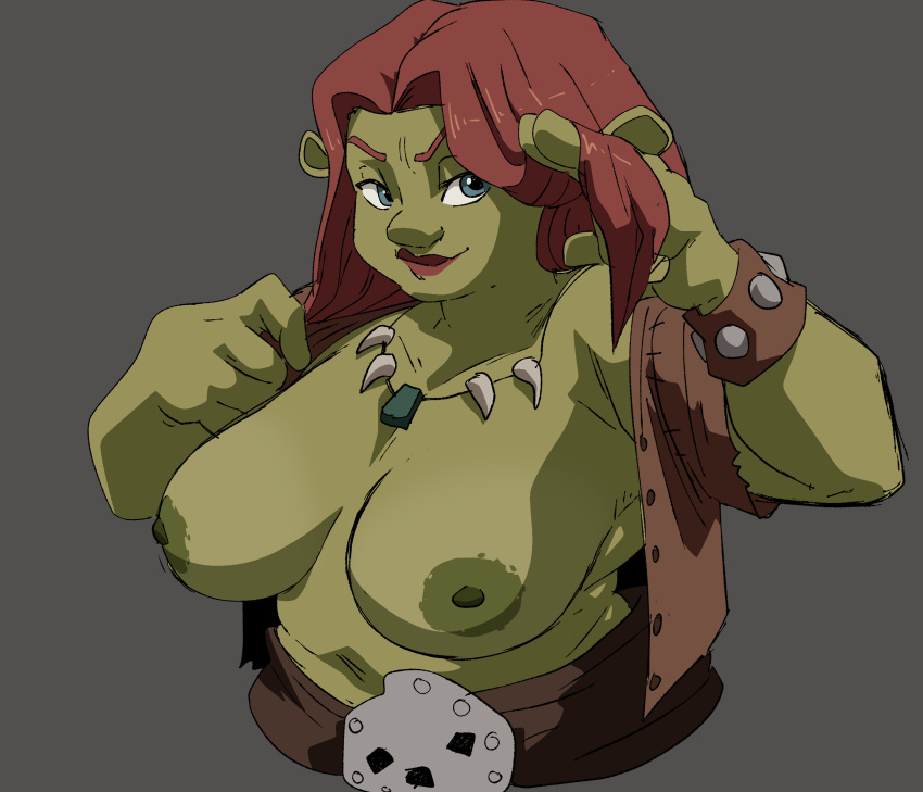 areola back_rolls big_breasts breasts clothed clothing dreamworks female hair hi_res humanoid inker_comics jewelry necklace nipples ogre open_clothing open_topwear princess_fiona red_hair shrek_(series) slightly_chubby solo topwear