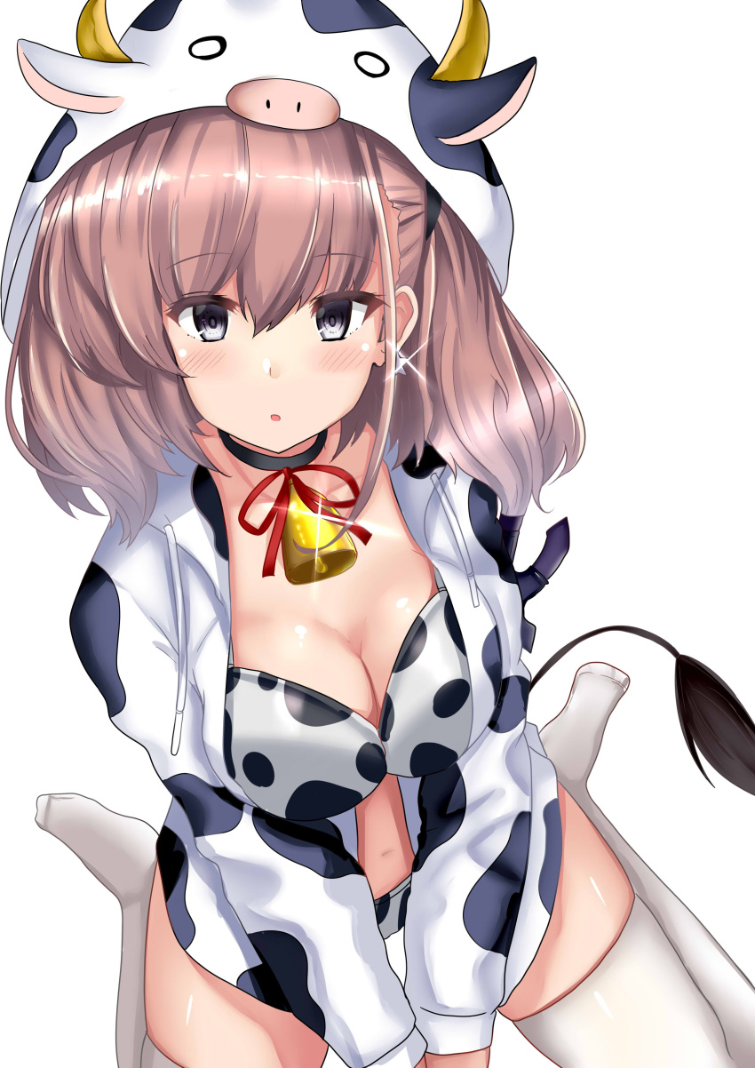 1girl absurdres alternate_costume anchor_hair_ornament animal_hood animal_print atlanta_(kancolle) bangs bell bikini blush breasts choker cleavage cow_print cow_tail cowbell earrings fake_horns grey_eyes hair_between_eyes hair_ornament highres himura_moritaka hood hood_up horns jacket jewelry kantai_collection large_breasts long_hair long_sleeves looking_at_viewer neck_bell parted_lips red_ribbon ribbon simple_background single_earring sitting solo sparkle star_(symbol) star_earrings swimsuit tail thighhighs two_side_up white_background white_thighhighs