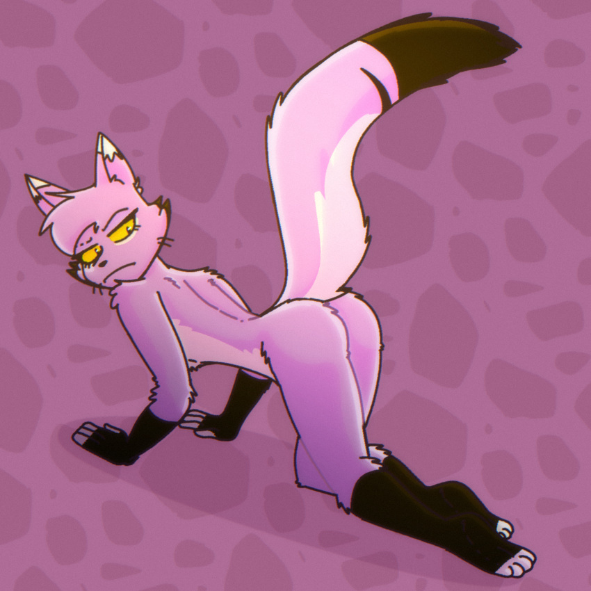 1:1 all_fours anthro big_butt butt domestic_cat felid feline felis female frown fur grumpy hair hi_res looking_at_viewer mammal multicolored_body multicolored_fur nude purple_body purple_fur purple_hair simple_background solarlewds solo two_tone_body two_tone_fur vanexa_(zoophobia) vivzmind yellow_eyes zoophobia