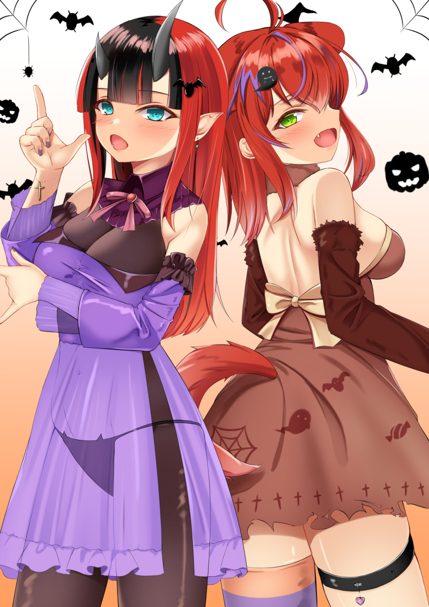 2girls 774_inc. ahoge akane_canna alternate_costume alternate_hairstyle animal_ears back bangs bat_(animal) black_bodysuit black_hair black_panties blue_eyes blunt_bangs blush bodysuit bodysuit_under_clothes breasts brown_dress brown_sleeves commentary_request cowboy_shot cross demon_girl demon_horns detached_sleeves dog_ears dog_girl dog_tail dress earrings fang halloween highres hiyoku_no_crosspiece horns jewelry kasumasu_(tales75) large_breasts long_hair looking_at_viewer multicolored_hair multiple_girls off-shoulder_dress off_shoulder open_mouth panties pointing pointing_up pointy_ears purple_dress purple_hair red_hair ryugasaki_rene streaked_hair sugar_lyric tail thigh_strap two-tone_hair underwear virtual_youtuber