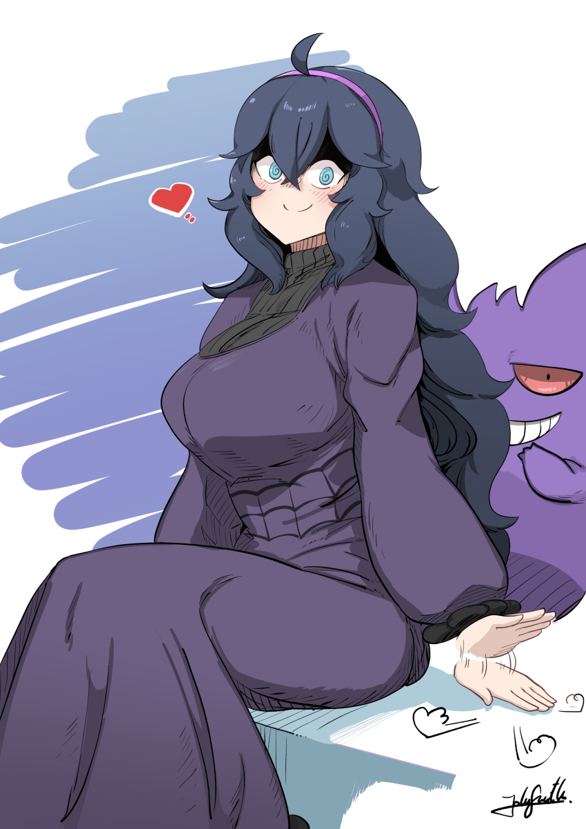 1girl @_@ absurdres ahoge alternate_breast_size black_dress blank_eyes breasts commentary dress gengar hairband heart hex_maniac_(pokemon) highres huge_breasts john_(a2556349) long_dress long_hair looking_at_viewer messy_hair patting pokemon pokemon_(game) pokemon_xy purple_hairband solo