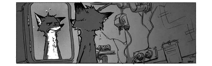 2016 angry anthro canid canine deodorant disney fox inside looking_at_mirror looking_at_object male mammal mirror monochrome nick_wilde nude samur_shalem solo story_at_source zootopia
