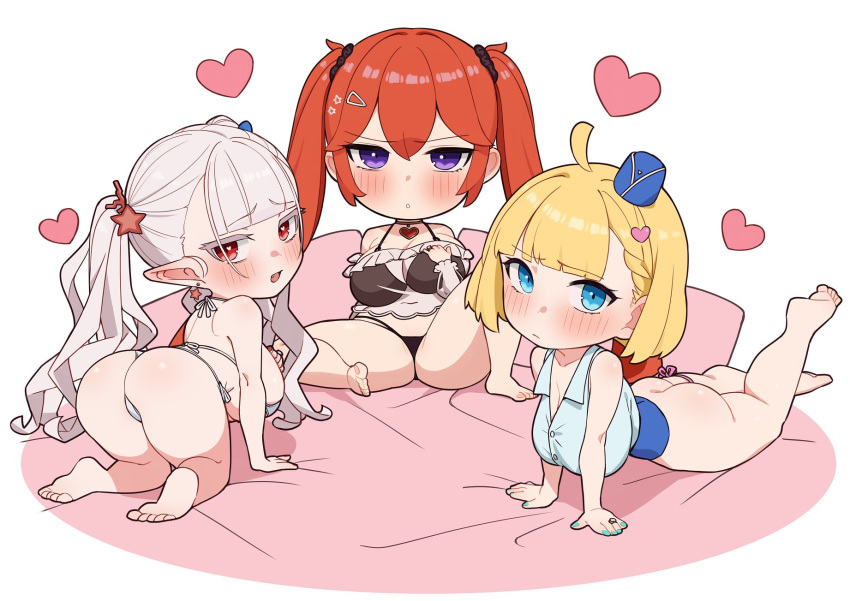 3girls all_fours ass bangs barefoot bikini blonde_hair blush breasts chibi closed_mouth commentary_request draculina_(last_origin) fang frills garrison_cap grey_hair griffon_(last_origin) hair_ornament hairclip hat heart heart_hair_ornament highres huge_breasts last_origin long_hair looking_at_viewer lying may_of_doom miman_(hasutaro_stream) multiple_girls on_back parted_lips plump pointy_ears purple_eyes red_eyes red_hair shirt short_hair simple_background sleeveless sleeveless_shirt star_(symbol) star_hair_ornament swimsuit take_your_pick twintails very_long_hair white_background