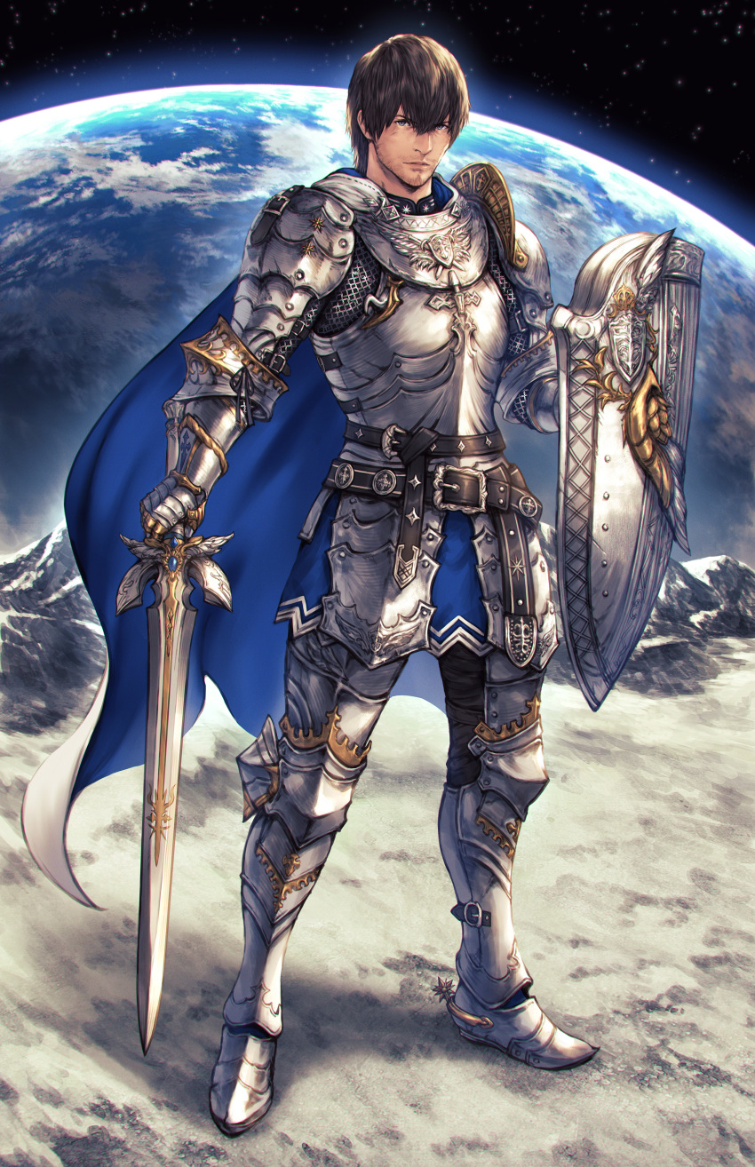 absurdres adventurer_(ff14) armor armored_boots belt black_hair blue_cape blue_eyes boots cape closed_mouth coat earth_(planet) facial_hair final_fantasy final_fantasy_xiv full_armor highres holding holding_sword holding_weapon looking_at_viewer makimura_shunsuke male_focus paladin_(final_fantasy) planet shield short_hair space standing sword weapon