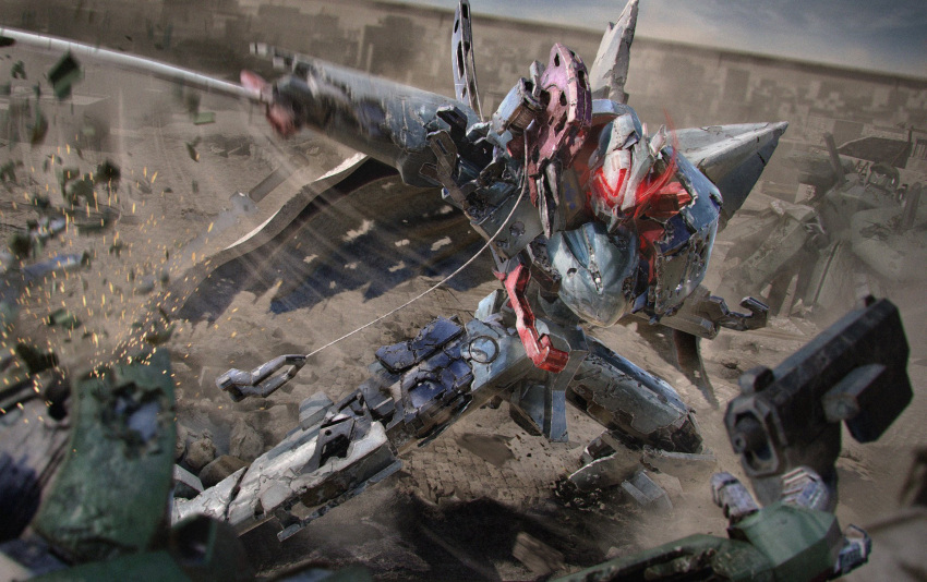 break_blade damaged delphine_(break_blade) glowing glowing_eyes gun highres holding holding_gun holding_sword holding_weapon mecha no_humans red_eyes robot science_fiction slashing solo_focus sparks sword weapon wreckage yamataka_(blenderkame)