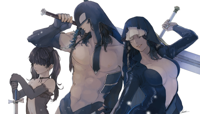1boy 2girls abs animal_hood bare_pectorals black_hair breasts choker cleavage elbow_gloves gloves hair_over_eyes highres holding holding_sword holding_weapon hood hood_over_eyes huge_weapon large_breasts long_hair medium_hair multiple_girls navel nomeringo orca_hood original pectorals signature smile sword twintails weapon