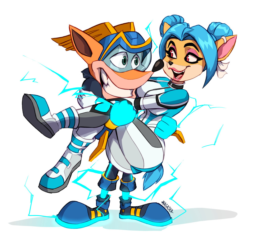 2022 absurd_res activision anthro armor artist_name bandicoot black_nose blue_hair bodysuit bottomwear breasts butt carrying_another clothing crash_bandicoot crash_bandicoot_(series) duo eye_contact female footwear gloves hair hair_bun handwear headgear helmet hi_res jacket lipstick looking_at_another magaska19 makeup male mammal marsupial megumi_bandicoot pants shoes short_hair simple_background skinsuit smile teeth tight_clothing topwear video_games white_background