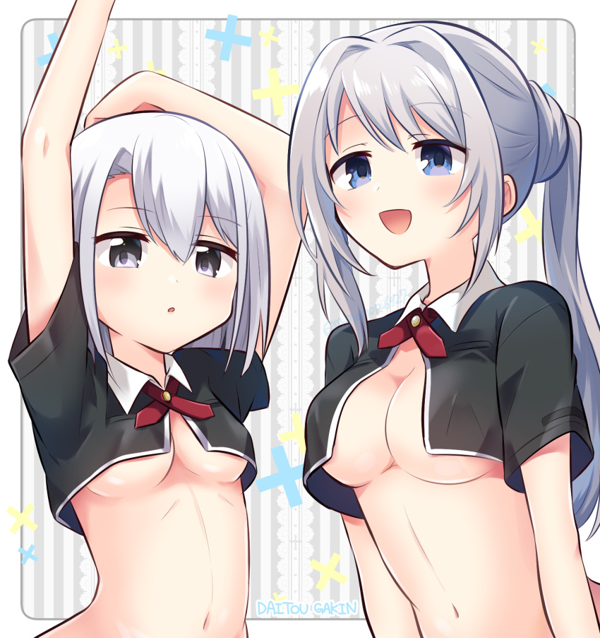 2girls :d :o arms_at_sides arms_up asymmetrical_bangs bangs black_jacket blue_eyes blush border breasts collared_jacket cropped_jacket cross_tie daitou_academy_school_uniform grey_background grey_eyes grey_hair hair_bun hair_intakes highres izumi_kanagi jacket long_hair looking_at_viewer magia_record:_mahou_shoujo_madoka_magica_gaiden mahou_shoujo_madoka_magica momo_tomato multiple_girls naked_jacket navel necktie open_mouth outside_border parted_lips ponytail red_necktie romaji_text school_uniform short_hair short_sleeves sidelocks smile striped striped_background swept_bangs underboob upper_body vertical-striped_background very_long_hair white_border white_hair yakumo_mitama