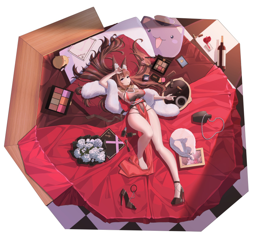 1girl absurdres alternate_costume amagi_(azur_lane) animal_ears azur_lane bag bare_legs bouquet cat cosmetics dress evening_gown feather_boa fox_ears fox_girl from_above handbag high_heels highres jfzm001 lipstick_tube long_hair lying makeup makeup_brush manjuu_(azur_lane) meowfficer_(azur_lane) official_style on_back pelvic_curtain red_dress shoes single_shoe strappy_heels