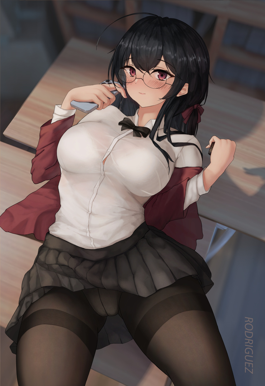 1boy 1girl absurdres ahoge azur_lane bangs bespectacled black_bow black_bowtie black_hair black_jacket black_pantyhose black_skirt blush bow bowtie bra_visible_through_clothes breasts cellphone chat_log chinese_commentary chinese_text closed_mouth collared_shirt commentary_request glasses hetero highres holding holding_phone indoors jacket large_breasts long_hair long_sleeves looking_at_viewer lying miniskirt official_alternate_costume on_back on_table open_clothes open_jacket panties panties_under_pantyhose pantyhose partial_commentary phone pleated_skirt red_eyes rimless_eyewear rodriguez_(kamwing) school_uniform shirt skirt smartphone smile solo_focus table taihou_(azur_lane) taihou_(sweet_time_after_school)_(azur_lane) thighband_pantyhose translation_request underwear white_shirt